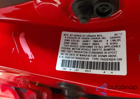 2017 Honda Civic Ex z USA, uszkodzony, nr VIN 2HGFC2F74HH576104